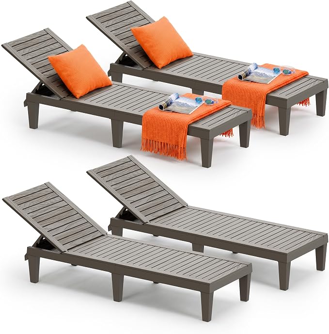 Outdoor Lounge Chairs Set of 4, 5-Position Adjustable Tanning Chairs with Wood Grain, All-Weather Resin Patio Recliners for Pool, Garden, Deck, Beach, Patio Lounge Chairs, Texture Grey