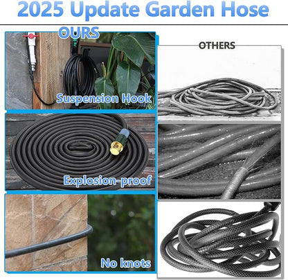 100 ft Non-expanding Garden Hose, 2025 Durable Water Hose, Leak-Proof Multi-Layer Outdoor Hose with Solid Brass Connectors Fittings for Lawn Car Watering Plants Cleaning, Black-Blue