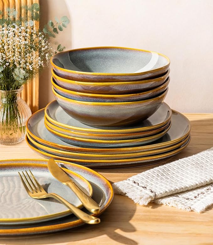 TheTerra Ceramic Dinnerware Set for 4, 12-Piece Plates and Bowls Set | Lightweight Porcelain Dish Set, Scratch Resistant, Oven & Microwave & Dishwasher Safe, Blue Dusk