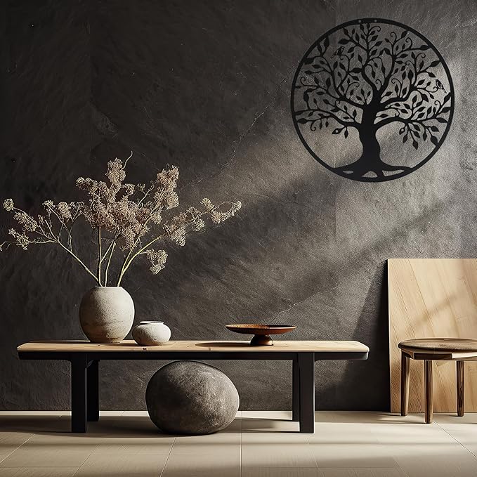SOBEIT 20inch Tree of Life Metal Wall Art,Bird Tree Metal Wall Decor, Round Family Tree Wall Art for Wall Hanging, Garden, Home Decor, Living Room,Bedroom, Indoor, Outdoor(Black)