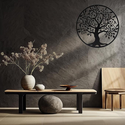 SOBEIT 20inch Tree of Life Metal Wall Art,Bird Tree Metal Wall Decor, Round Family Tree Wall Art for Wall Hanging, Garden, Home Decor, Living Room,Bedroom, Indoor, Outdoor(Black)