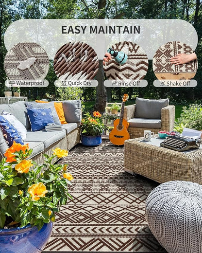 MontVoo-Outdoor Rug Carpet Waterproof 6x9 ft Reversible Patio Rug RV Camping Rug-Plastic Straw Rug Outside Indoor Outdoor Area Rug for Patio Deck Balcony Picnic Beach Outdoor Decor Boho Beige Brown