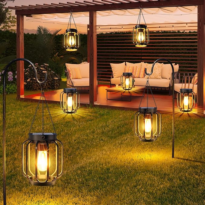 Solar Lanterns Outdoor Waterproof 4 Pack, 14.37'' Metal Hanging Solar Lights for Outside with Auto On/Off & Hook - Brighter Hanging Outdoor Lanterns Decorative Lighting for Garden Patio Yard