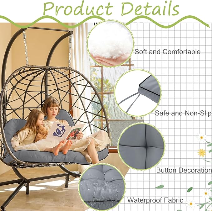 Swing Replacement Cushions with Backrest, 2 or 3 Seater Waterproof Non-Slip Overstuffed Swing Pad, Indoor/Outdoor Bench Cushion for Porch Chair Swing Garden Furniture (Light grey, 40 * 55 in)