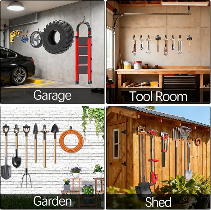 3-H Garage Wall Hooks 14 Pack, Garage Hooks Heavy Duty with Extra Welding Spots, Wall Mount Storage Organizer for Hanging Garden Lawn Tools Ladder Bike WeedEater Chair Shovel Blower (Orange)