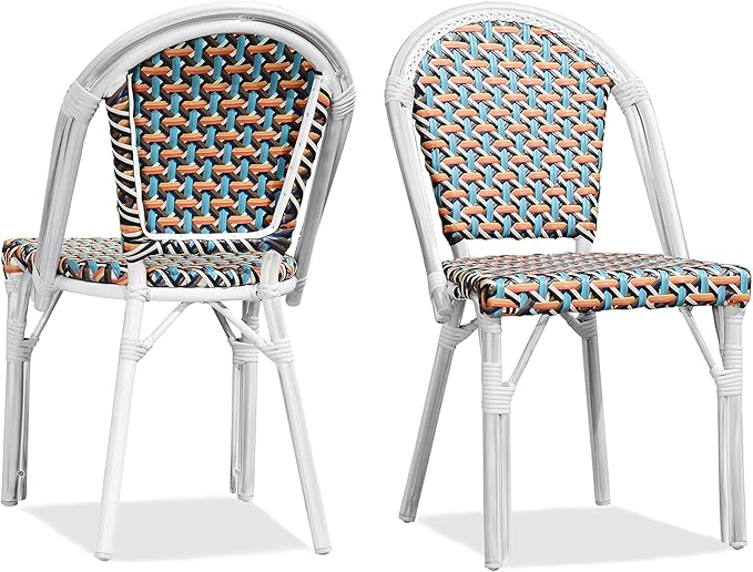 PURPLE LEAF Dining Chair Set of 2 Outdoor French Bistro Chairs Hand-Woven Aluminum Wicker Rattan Chairs for Garden Kitchen Backyard Porch White Print Finish Patio Chairs Colorful
