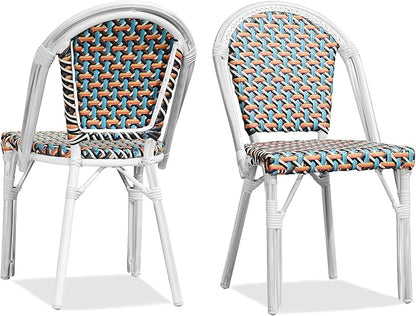 PURPLE LEAF Dining Chair Set of 2 Outdoor French Bistro Chairs Hand-Woven Aluminum Wicker Rattan Chairs for Garden Kitchen Backyard Porch White Print Finish Patio Chairs Colorful