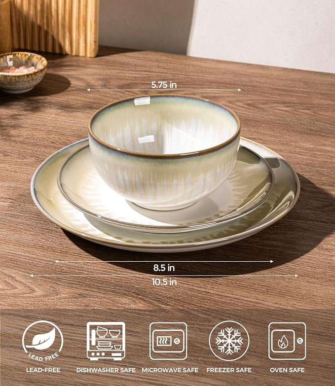 LERATIO Ceramic Dinnerware Sets for 4,Reactive Glaze Plates and Bowls Set with Mugs, Dishwasher,Microwave & Oven Safe Dishes set-Sage Ivory
