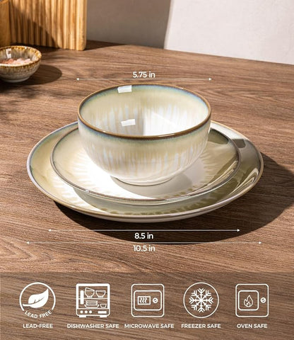 LERATIO Ceramic Dinnerware Sets for 4,Reactive Glaze Plates and Bowls Set with Mugs, Dishwasher,Microwave & Oven Safe Dishes set-Sage Ivory