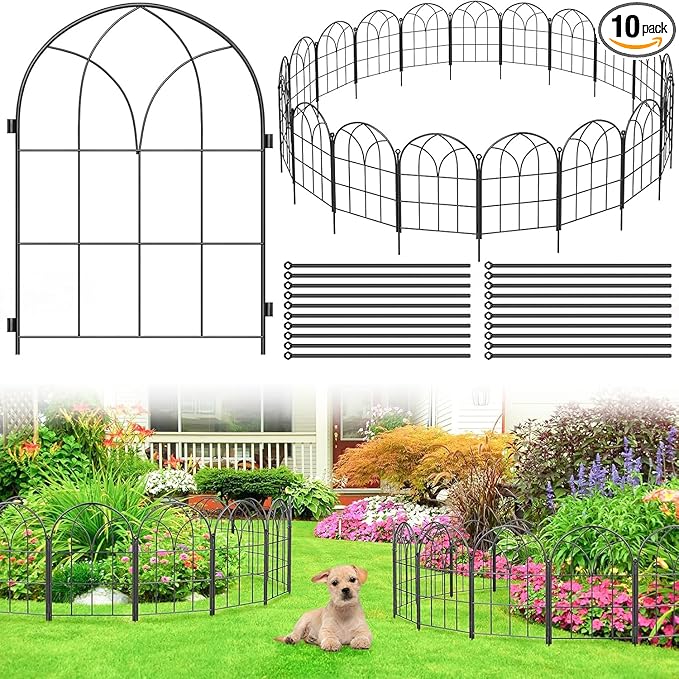 Youpehom Decorative Garden Fence, Large 10 Panels, 31.9 in H x 24.1 ft L No Dig Metal Border Fencing with Stakes, Animal Barrier for Dogs Rabbits, Flower Beds Yard, Black