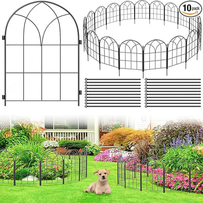 Youpehom Decorative Garden Fence, Large 10 Panels, 31.9 in H x 24.1 ft L No Dig Metal Border Fencing with Stakes, Animal Barrier for Dogs Rabbits, Flower Beds Yard, Black