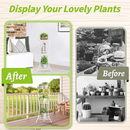 KMOTASUO 3 Tier Tall Metal Plant Stand, 34 Inch Plant Stands Indoor Outdoor, Rustproof Wrought Iron Flower Pot Holder Display Rack for Corner Patio Garden Balcony Living Room(White)