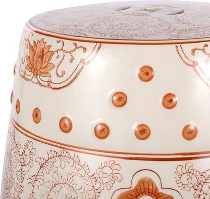 JONATHAN Y Double Happiness 18" Ceramic Garden Stool, Traditional Chinoiserie Orange and White Indoor/Outdoor Patio Drum Accent Side Table and Plant Stand TBL1013D