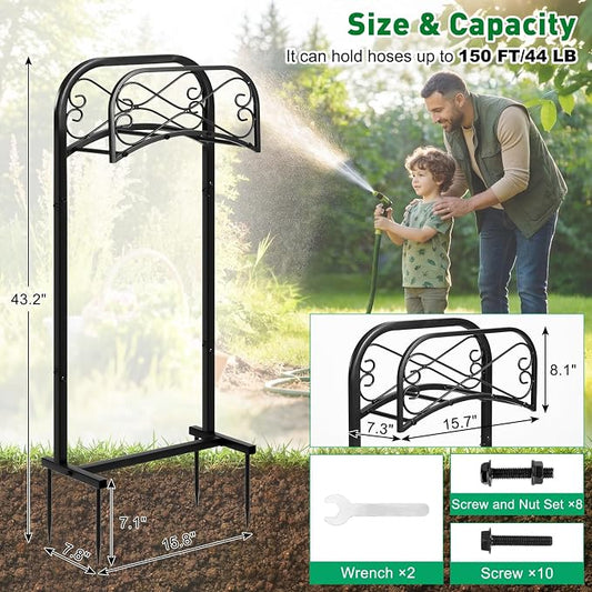 Gtongoko Garden Hose Holder for Outside 43" Heavy Duty Freestanding Water Hose Holder with 4 Stable Spikes Metal Hose Stand Holds Up to 150FT Hose & 44LB Detachable Hose Storage for Yard Lawn Patio