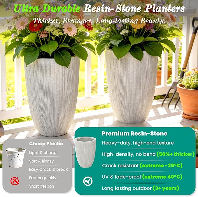 19" Tall Beige Fluted Planters for Indoor & Outdoor, Set of 2 Large Mediterranean-Style Resin Flower Pots with Drainage Holes, UV & Weather Resistant for Patio Porch Home Office Decor
