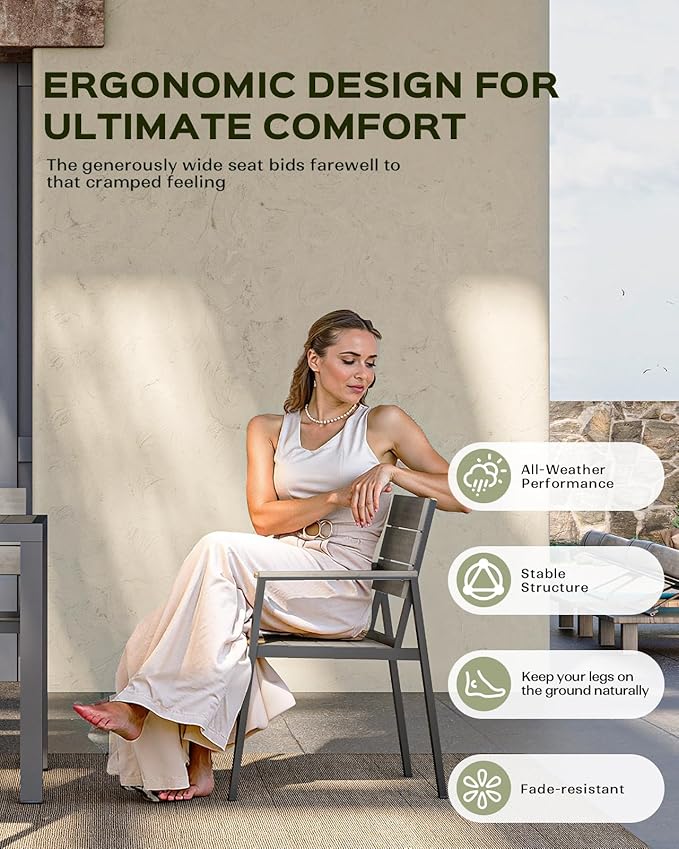 Outdoor Dining Set for 6, Patio Table and Chairs Set, Aluminum Patio Furniture Set with Umbrella Hole, HDPS Patio Dining Table Set for 6 (Gray)