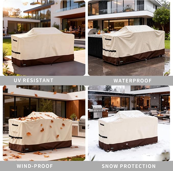 86 Inch Extra Large Grill Cover Kitchen Island Cover Large Island Grill Cover for Outdoor Grill Outdoor Kitchen Cover Heavy Duty Waterproof 86" L x 42" W x 48" H, Beige and Brown