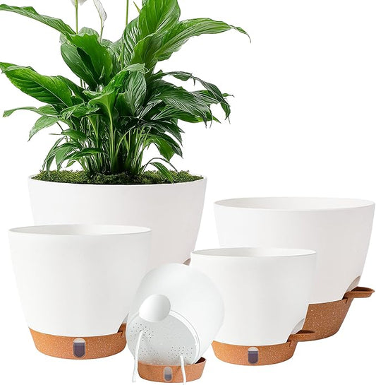 Self Watering Pots for Inoor Ourdoor Plants 10/9/8/7/6.5 Inch Plastic Planters with Drainage Holes & Water Level Indicator, Decorative House Flower Nursery Planting Pots with Saucers (White)