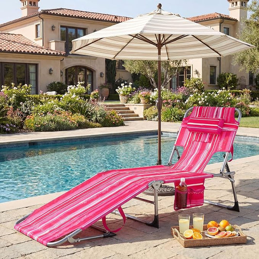 GYMAX Tanning Chair with Face Hole, Sun Bathing Lounge Chairs for Outside with Side Pocket, Folding Portable Face Down Layout Tanning Chair Beach, Backyard, Poolside, Lawn (Pink Stripe,1)
