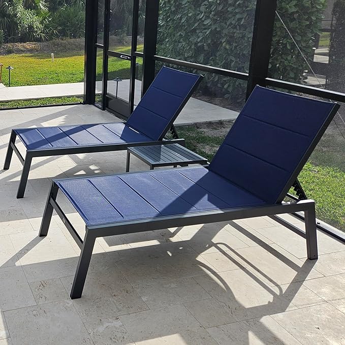 PURPLE LEAF Extra Large Outdoor Chaise Lounge 2 Pieces Aluminum Patio Lounge Chair with Wheels Reclining Chair for Patio Pool Beach Sunbathing Navy Blue Oversized Lounger