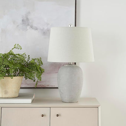 Nourison Home 23" Vintage Grey (White Washed) Ceramic Pot Table Lamp for Bedroom, Living Room, Dining, Office, with Grey Shade