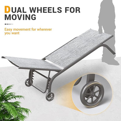 UDPATIO Chaise Lounge Outdoor Set of 3, Aluminum Lounge Chair, 5 Adjustable Position Backrest Pool Lounger with Wheels and Side Table for Patio Pool Patio (Grey)