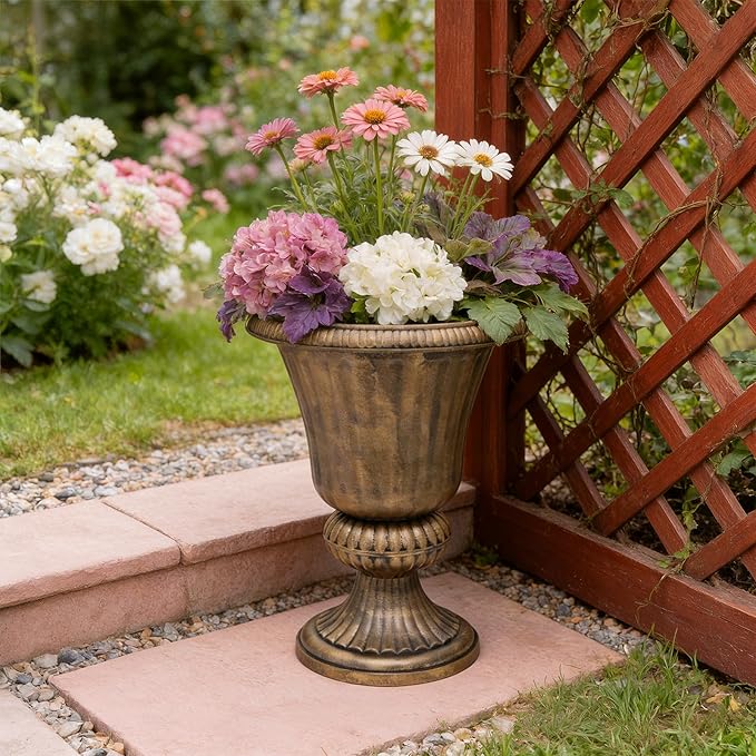 Athena Collection 20''H Garden Plastic Urn Vintage Tall Planter Urn Patio Large Flower Pot Porch Planter Large Planter for Indoor Outdoor Plant, Bronze