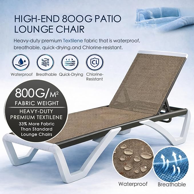 Kozyard Outdoor Chaise Lounge Chair, Fully Flat Adjustable Patio Lounger with Aluminum Frame & Resin Legs, Textilene Fabric for Poolside, Backyard & Beach (Beige)