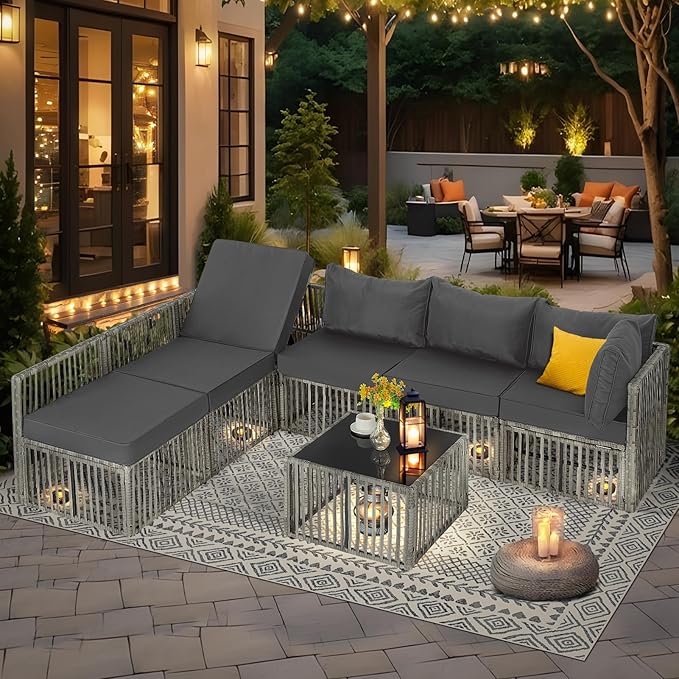 FHFO 7 Pieces Outdoor Patio Furniture Set, Wicker Outdoor Sectional Conversation Couch Set with Adjustable Backrest Sofa, Thick Cushion & Coffee Table for Garden, Porch, Poolside, Grey/Grey