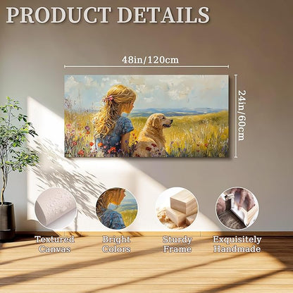 SERIMINO Portrait Landscape Wall Art, Lady and Dog Large Wall Decor, Animal Golden Retriever Cute Canvas Prints, Meadow Wildflowers Rustic House Decorations Living Room Bedroom Bathroom 24"X48"