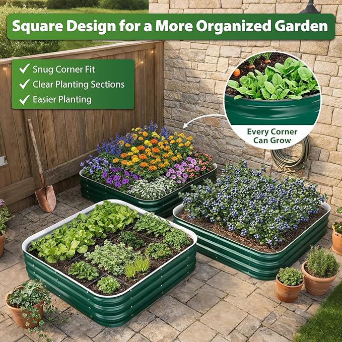 Galvanized Raised Garden Bed, 4x4 ft Heavy Duty Metal Planter Box for Vegetables, Flowers & Herbs, 12" Raised Outdoor Modular Gardening Bed, Above Ground Growing Container, Easy Assembly, Green