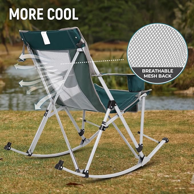 FUNDANGO Rocking Camping Chair, High Mesh Back Portable Folding Camp Chairs with Pillows, Cup Holder and Carry Bag for Lawn Patio Garden Outdoor Supports 300 Lbs (Green/Grey)