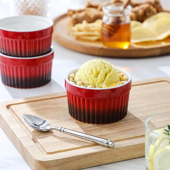 MALACASA Ramekins 6 oz Oven Safe, Small Ceramic Souffle Dishes for Creme Brulee Souffle, Stoneware Custard Cups Ramiken for Baking, Dessert Bowls Dipping Sauce Dish Set of 6, Red, Series RAMEKIN-DISH