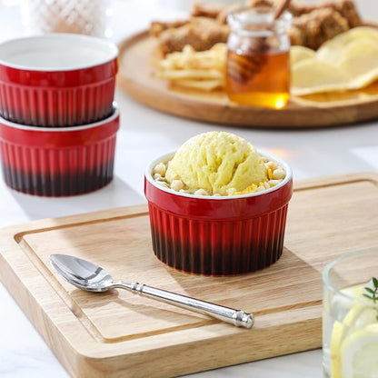 MALACASA Ramekins 6 oz Oven Safe, Small Ceramic Souffle Dishes for Creme Brulee Souffle, Stoneware Custard Cups Ramiken for Baking, Dessert Bowls Dipping Sauce Dish Set of 6, Red, Series RAMEKIN-DISH
