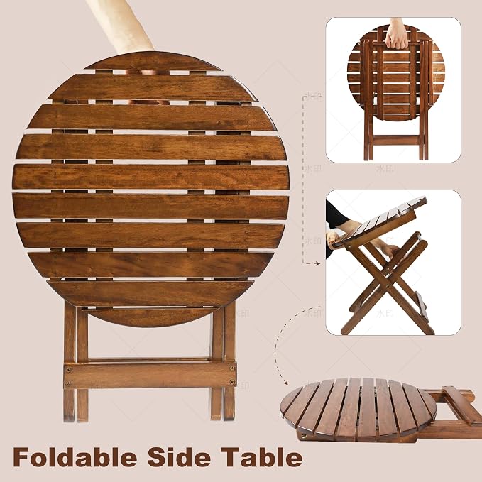 Outdoor Wooden Side Table, Folding Patio End Table, Small Round Furniture Table for Adirondack Chair, Balcony, Porch, Acacia Wood, No Assembly, Brown