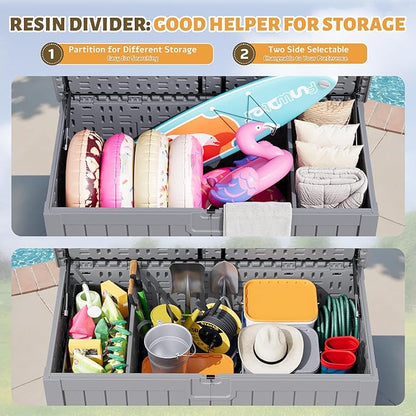 Flamaker Resin Deck Box 250 Gallon, Waterproof Imitation-Wood Lockable Storage Box with Separator Plate Outdoor Indoor, Garden, Patio Furniture for Tools&Pool Accessories (Gray)