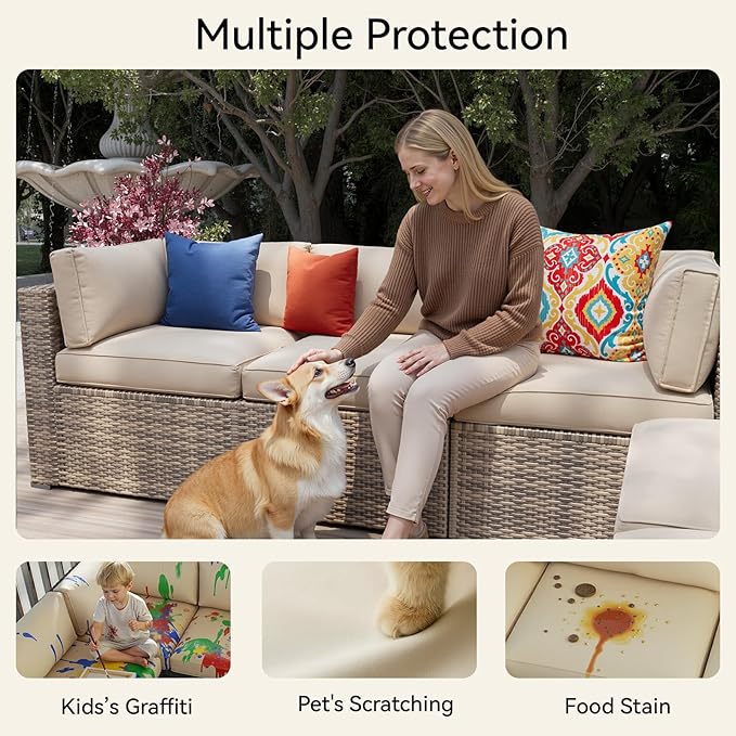 Aoxun 14pcs Patio Cushion Covers Replacement, Waterproof Outdoor Furniture Cushion Covers with Zipper and Non-Slip Bottom, Patio Sofa Couch 3 Sizes for Patio Sectional, Covers Only (Beige)