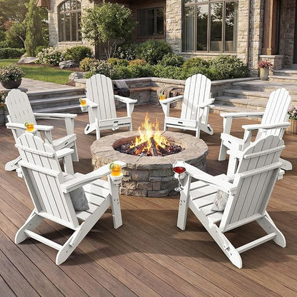Adirondack Chairs Set of 6, Fire Pit Chairs, Wood Texture Patio Chairs with 2 Cup Holder, Outdoor Lawn Chair, White