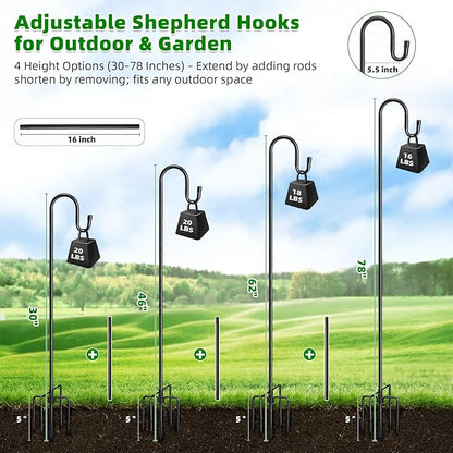 COCONUT 78" Heavy Duty Shepherds Hooks for Outdoor, Bird Feeder Pole with 5 Prong Base, Adjustable Height Shepherds Hook for Hummingbird Feeder, Bird Feeder, Plant, Wind Chimes, Lanterns (1 Pack)