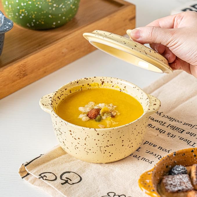 4-Piece 10 Oz Mini Ceramic Cocotte Set with Lids & Handles - Oven-Safe Casserole Dishes Ideal for Souffle, Soup, Cobbler & More, Stoneware Baking Ramekins, Yellow