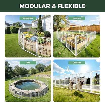 FXW Garden Fence Outdoor for the Yard – 24in(H) x 45.6ft(L) Heavy Duty Metal Animal Barrier for Dog, No Dig Decorative Dog Fence, 24 Panels, White