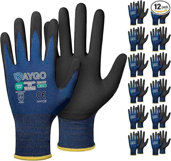 KAYGO Safety Work Gloves MicroFoam Nitrile Coated-12 Pairs, KG18NB,Seamless Knit Nylon Glove with Black Micro-Foam Nitrile Grip,Ideal for General Purpose,Automotive,Home Improvement, Dark Blue, L
