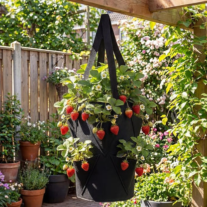 SATINIOR 10 Pack Upside Down Strawberry Planter Set Hanging Vegetables Grow Bags with 10 S Hooks, 3 Gallon Fabric Planting Bags for Easy Vertical Gardening(Black)