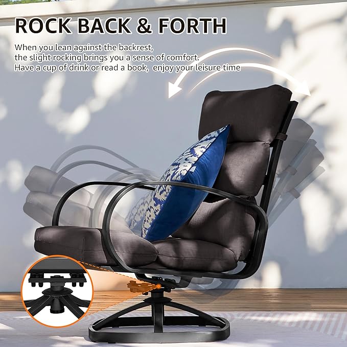 NATURAL EXPRESSIONS Patio Bistro Set, 3 Piece Outdoor Swivel Glider Rocking Chairs, Conversation Furniture with 2 Highback Rockers, 1 Table and 5" Cushion for Backyard,Porch,Yard,350lb. (Dark Grey)