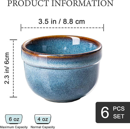 Henten Home 6 oz Ramekins Set Oven Safe, Ceramic Creme Brulee Ramekins Set of 2, Baking Cups for Pudding, Souffle, Ice Cream, Snack, Dipping (Blue)