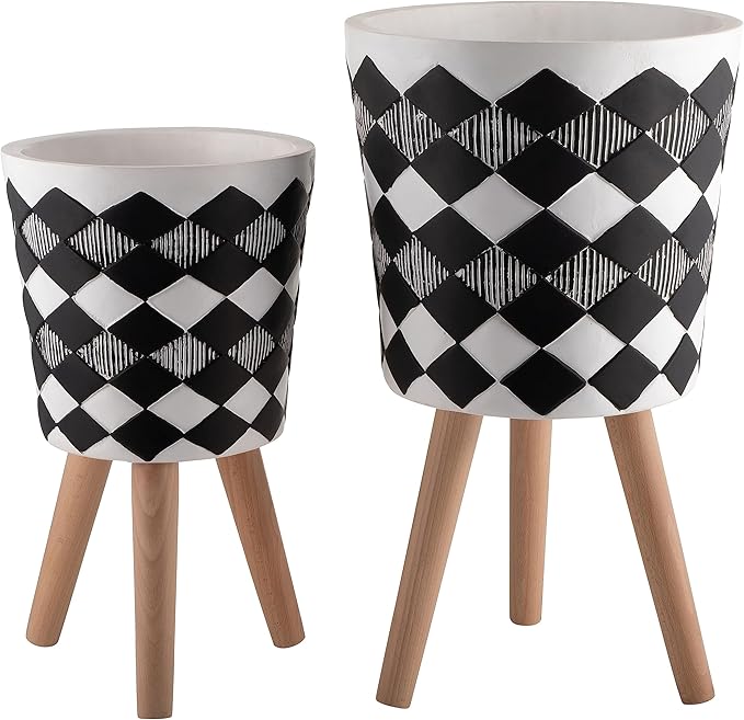 Sagebrook Home Set of 2 Geometric Planters on Stands - Resin & Wood Mid-Century Modern Plant Pots for Indoor/Outdoor Home & Garden Decor - 12" & 10", Black & White G