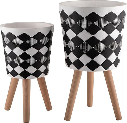 Sagebrook Home Set of 2 Geometric Planters on Stands - Resin & Wood Mid-Century Modern Plant Pots for Indoor/Outdoor Home & Garden Decor - 12" & 10", Black & White G