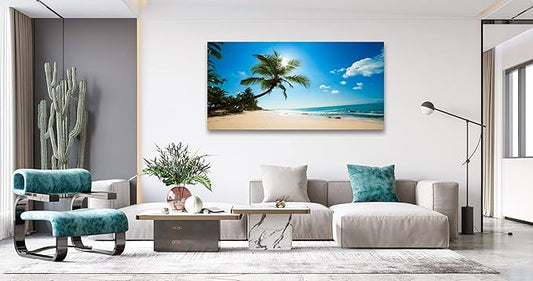 Muolunna ARX0662 Large Canvas Wall Art Summer Ocean Waves Prints Coconut Trees Beach Seascape Painting Hawaii Sea Nature Pictures Stretched and Framed for Living Room Home Office Wall Decor Artwork