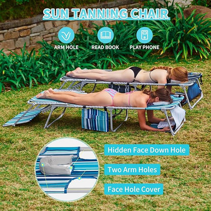 #WEJOY 3 in 1 Tanning Chair with Face Hole & Canopy, 300 lbs Heavy Duty 5 Positions Folding Face Down Lounge Chairs Outdoor with Pillow & Storage Bag Portable for Pool Beach Lawn Camping (Bluestrips)