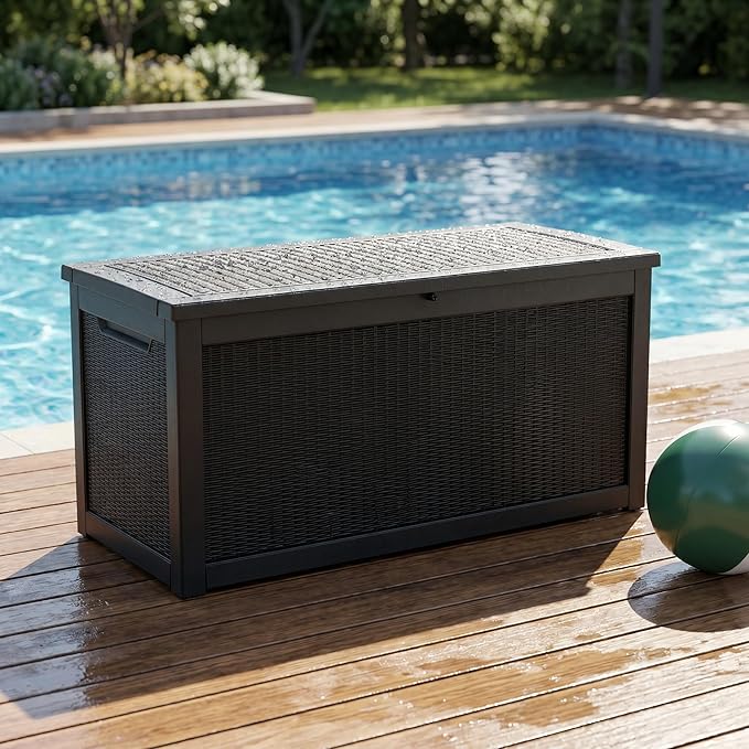 260 Gallon Deck Box, Waterproof Resin Outdoor Storage Box Lockable for Patio Furniture, Fade Resistant Patio Side Table & Organizer for Garden Tools, Pool Floats, Outdoor Cushions, Black